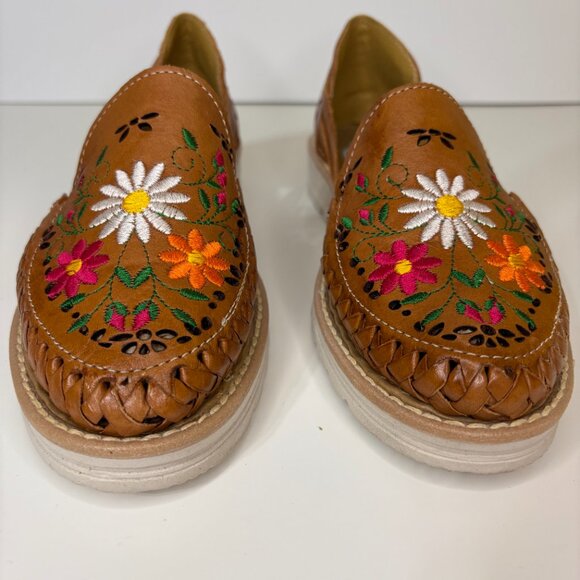 Cacahi's Mexican Huarache‎ Slip On Sandals Sz 7 Tan & Floral Beach Culture Boho - Picture 3 of 9